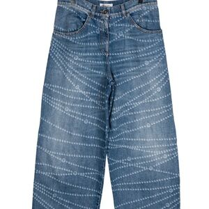 Chanel 2025 Wide Leg Jeans in interlocking CC logo and Faux Pearl Accents